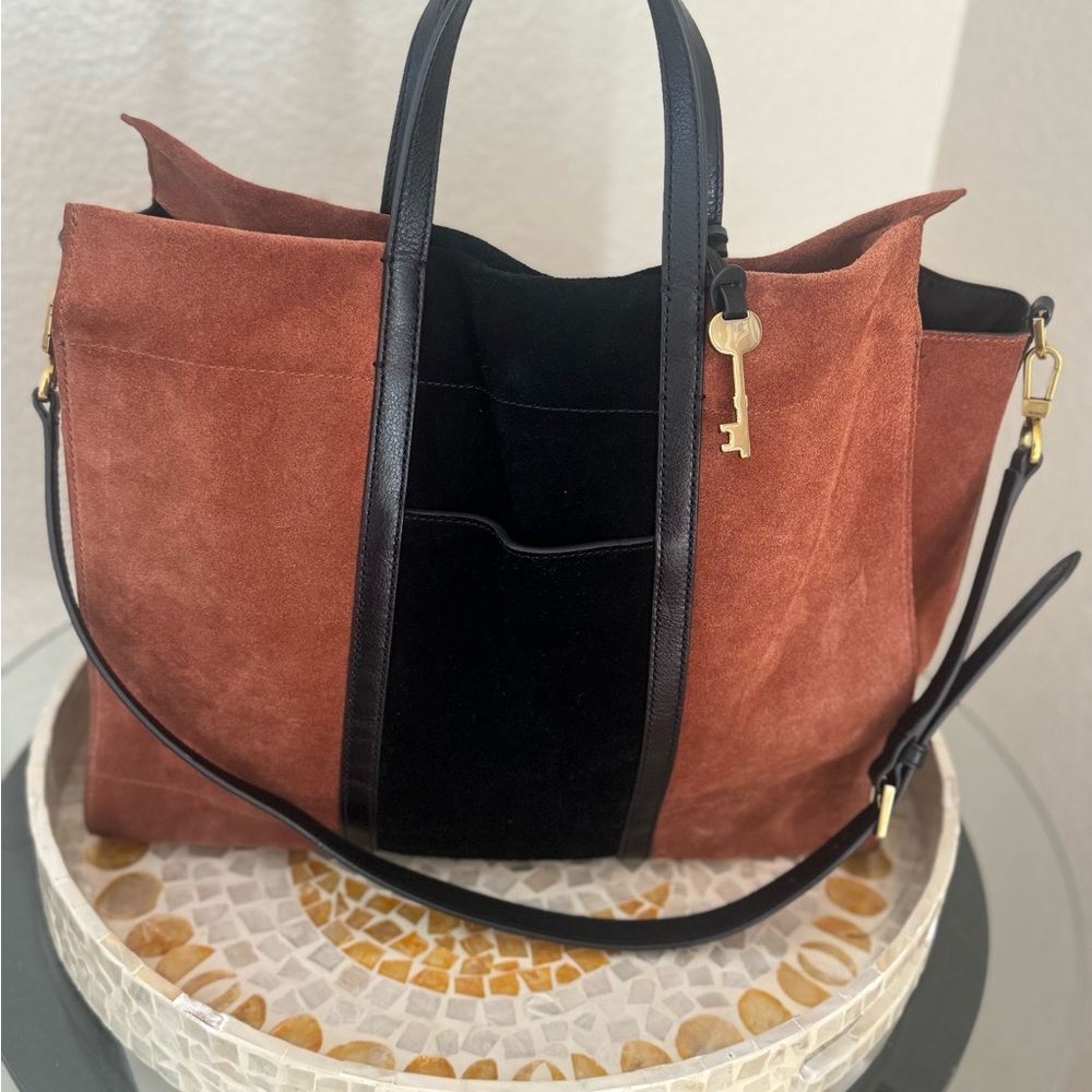 Elegant Suede Tote Bag - Brown and Black